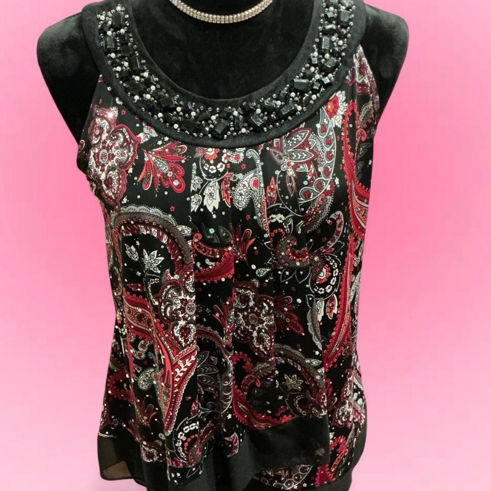 Dressbarn Black and Red Paisley Tank Top with Embellished Neckline - Picture 2 of 5